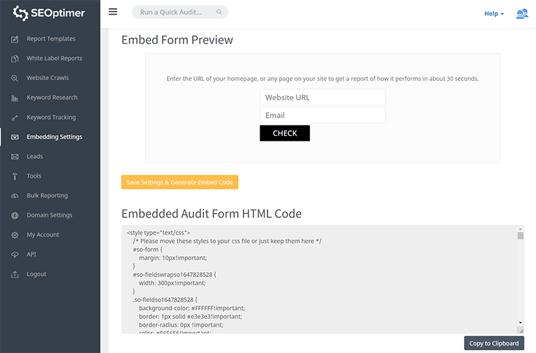 Embedding settings